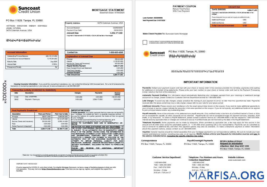 Realistic USA Suncoast bank mortgage statement in Word and PDF formats 1 2 template